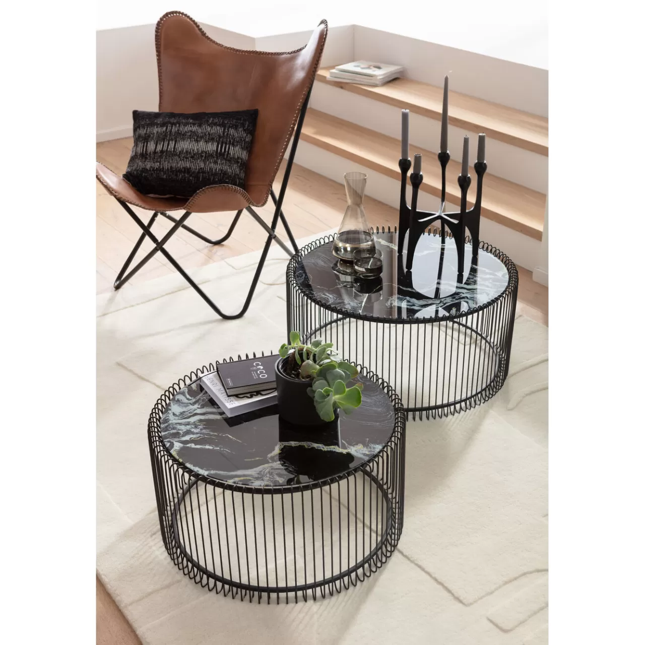 Table Basse Wire Noir/Verre Décor Marbre (2/Set)*KARE Design Store